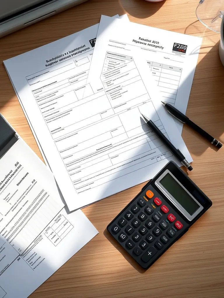 A professional, minimalist office desk with a calculator, a